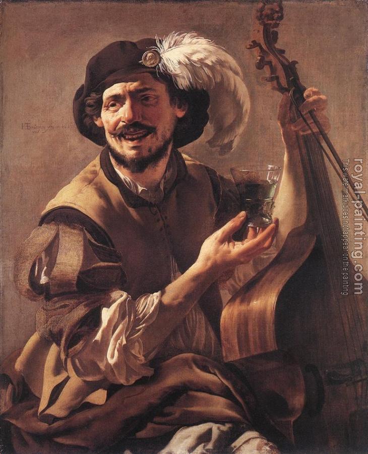 Hendrick Terbrugghen : A Laughing Bravo with a Bass Viol and a Glass